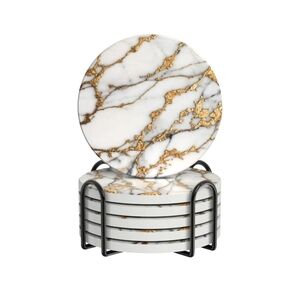 Ceramic Drink Coasters Set of 6 with Holder Absorbent Cork Base Brown